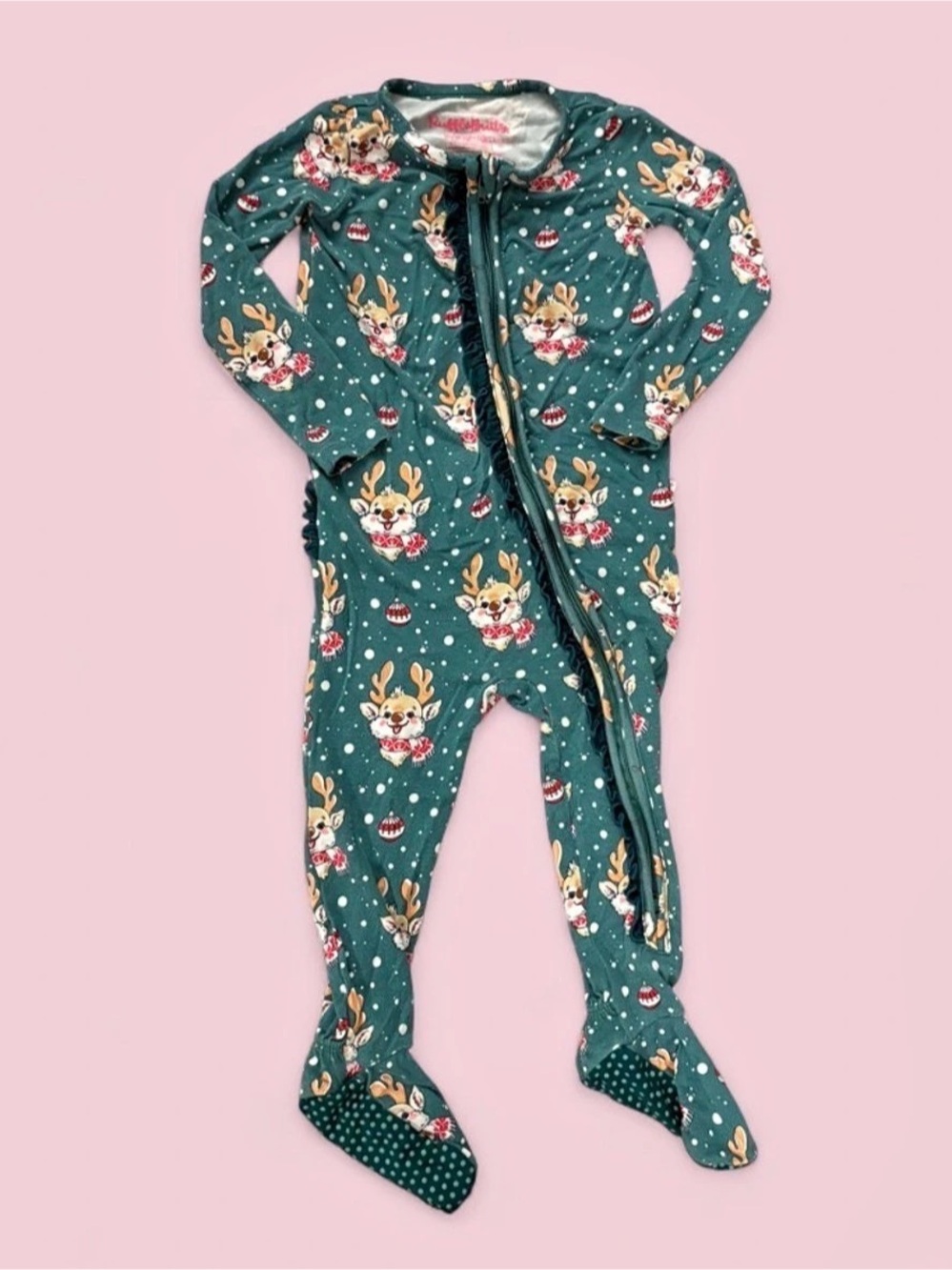 RuffleButts Green Reindeer Bamboo Christmas Sleeper Footie Pajamas Sz 12-18M
